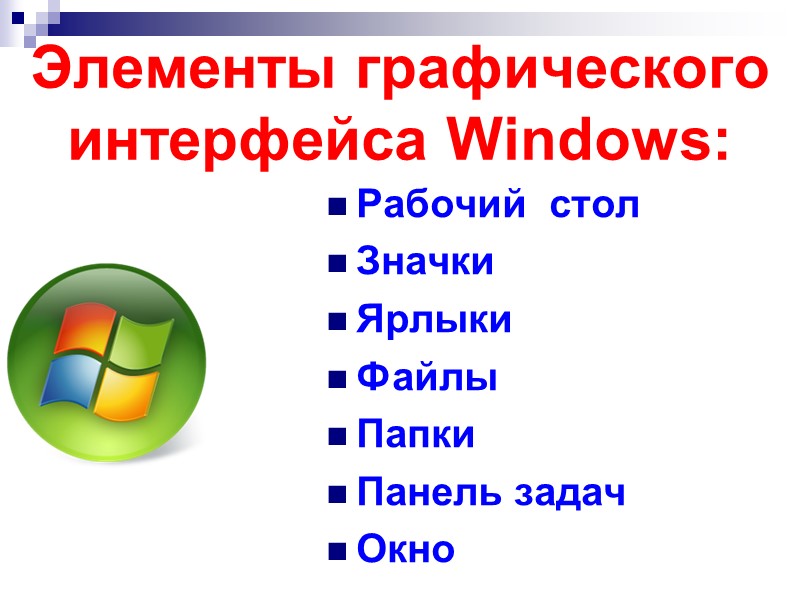 Элементы графического интерфейса Windows: Рабочий  стол Значки Ярлыки Файлы Папки Панель задач Окно